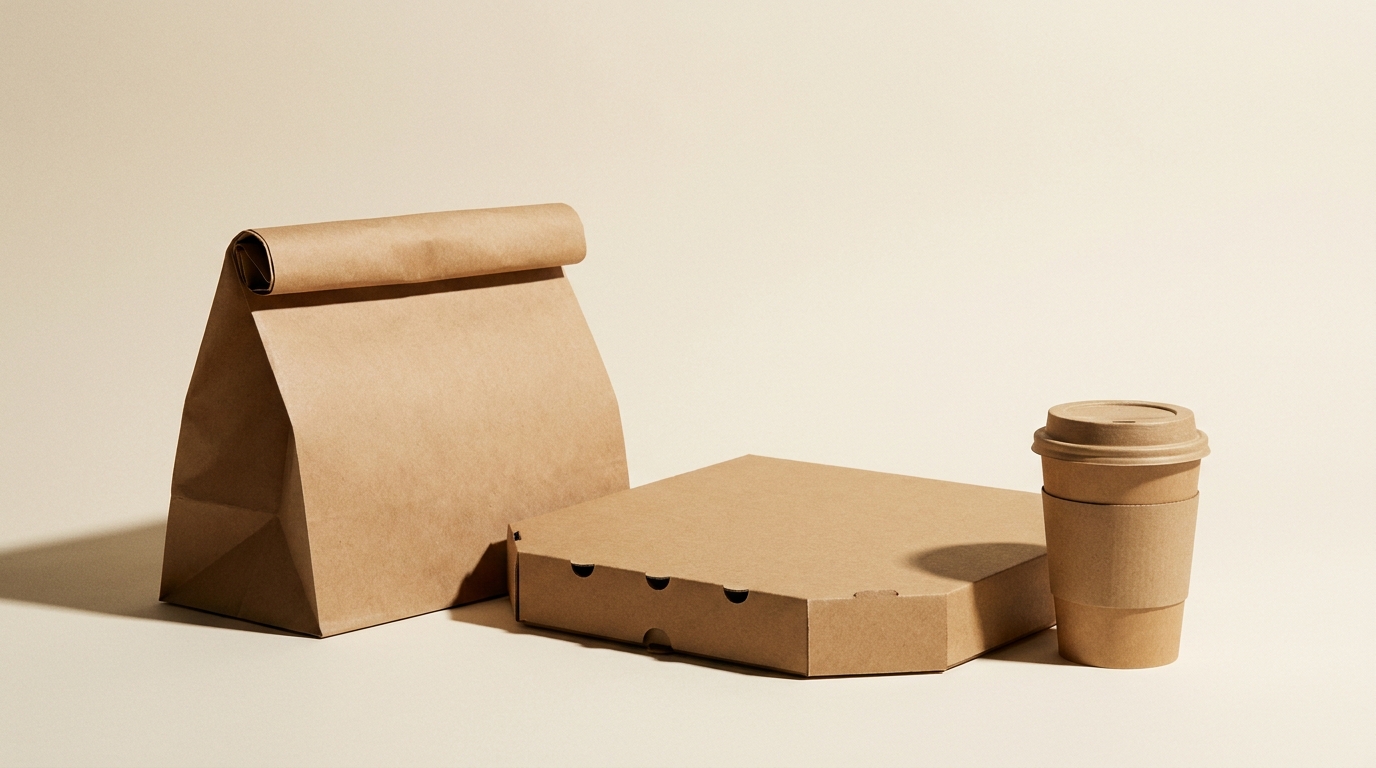 A kraft paper bag, a kraft pizza box, and a kraft paper coffee cup arranged on a cream background.